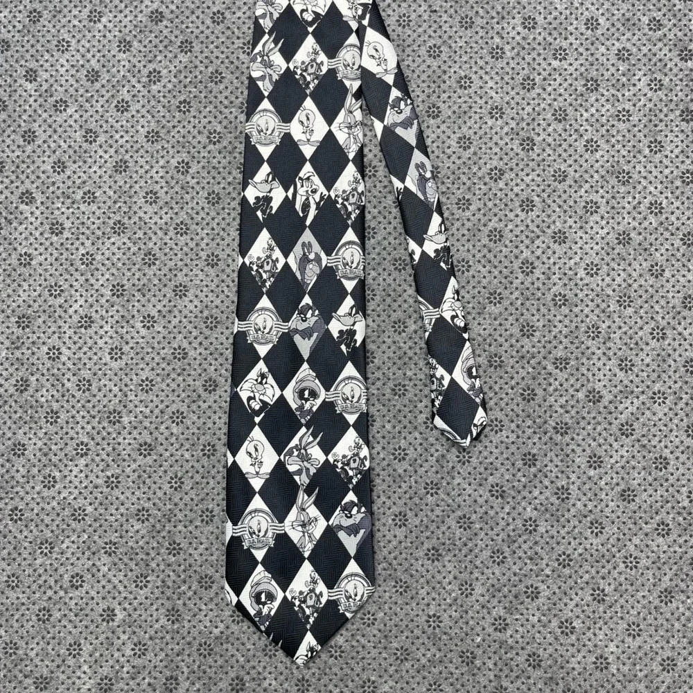 Vintage 1997 Looney Tunes Stamp Collection Tie Black White Diamond‎ Harlequin